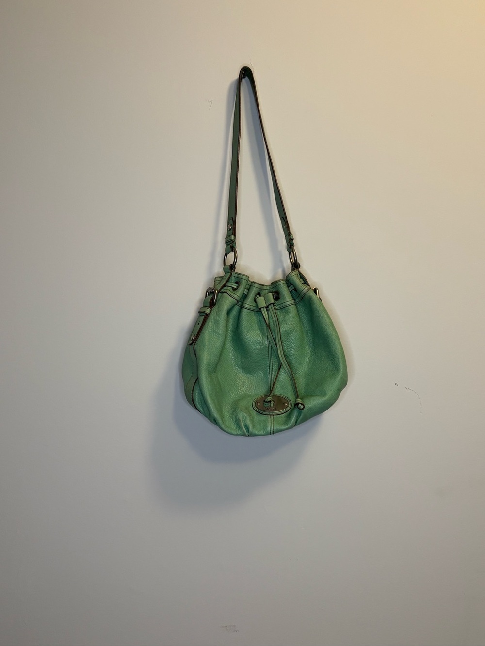 Fossil Mint Green Leather Drawstring Shoulder Bag